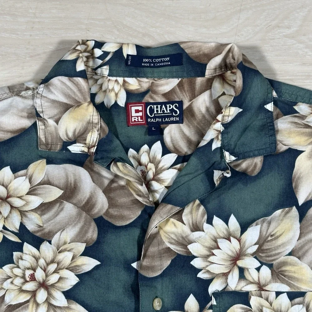 Chaps Ralph Lauren Shirt Mens Large Camp Loop Collar Floral Cotton Vintage Green